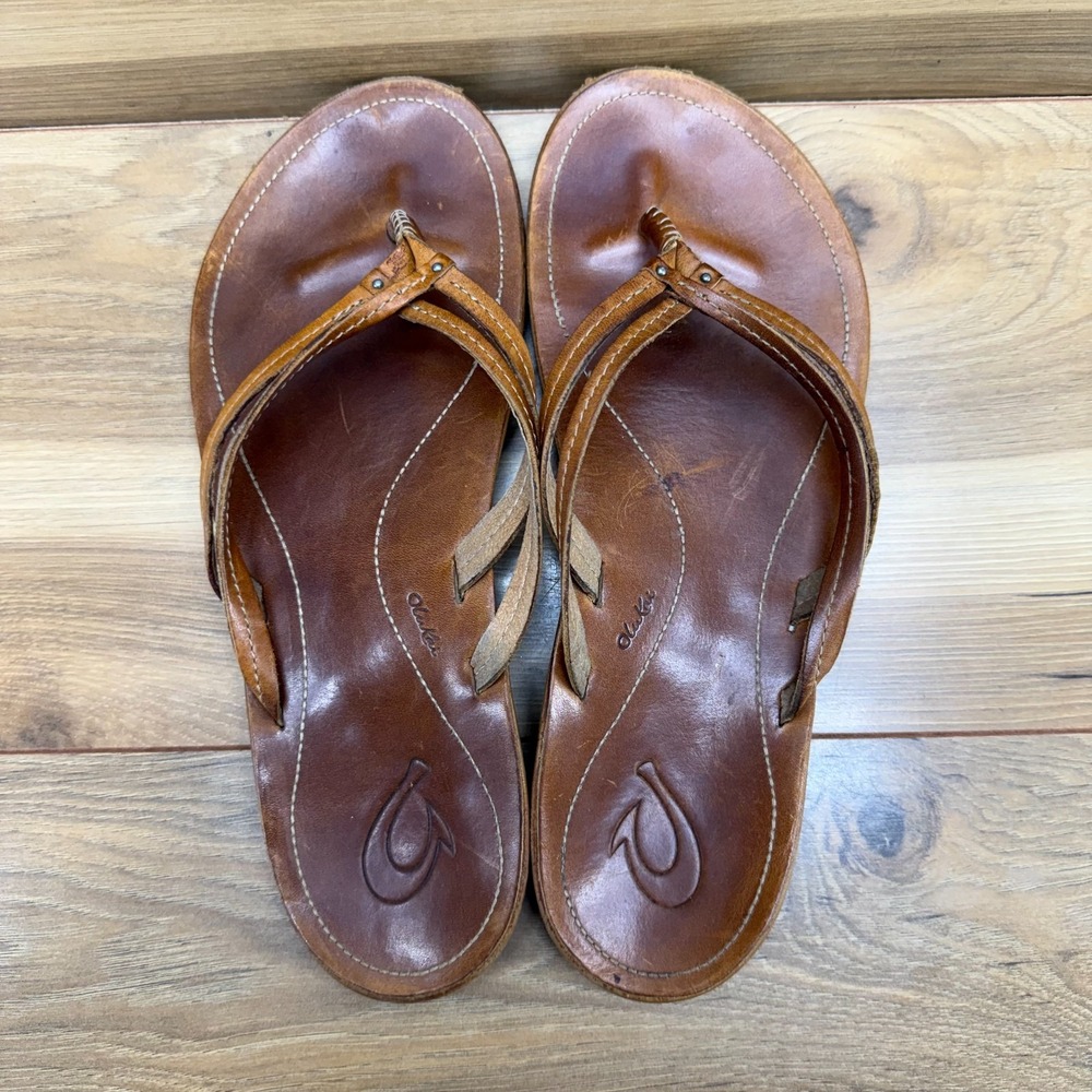 Olukai Kapehe Luana Flip Flops Womens 11 Cognac Leather Thong Sandals - Picture 8 of 10